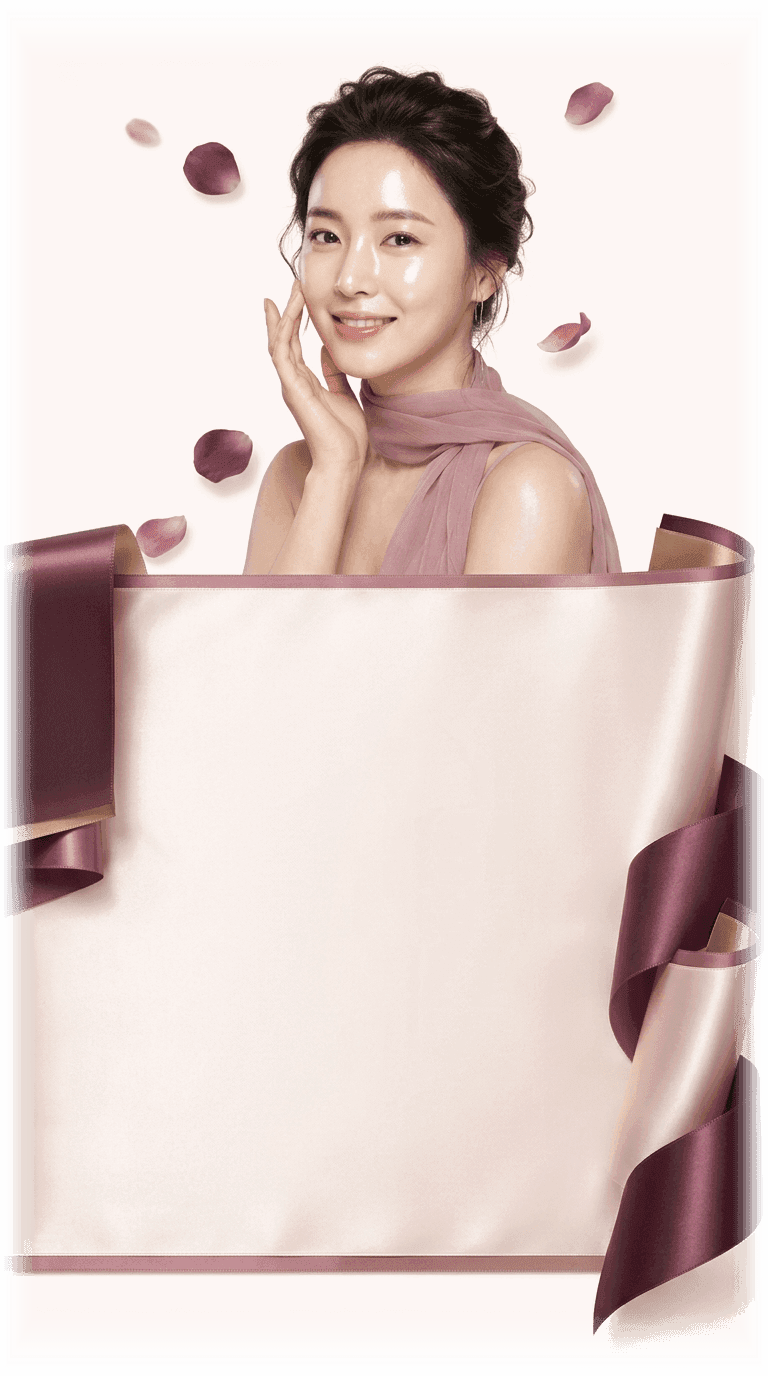 Azyleen glass skin model above a plum satin ribbon